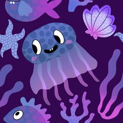 Cartoon fish seamless jellyfish and shall and coral pattern for fabrics and wrapping paper and kids clothes print