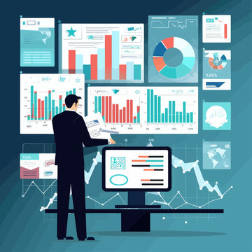 A businessman in the office analyzes market data to build algorithms. Vector.