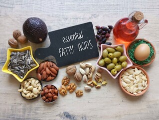 Food high in linoleic acid. Natural food sources of omega 6 and omega 3 essential fatty acids. Healthy fats - nuts, seeds, oils, vegetable; concept of healthy and balanced diet.