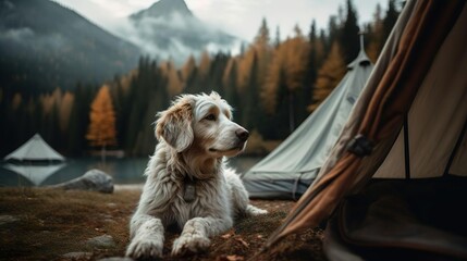 A dog on vacation. Purebred travel dog pet lying near the tent. Camping in the nature. Mountain forest and river view.