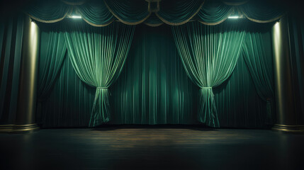 Empty show stage, green curtains with copy space. 3d render illustration style.