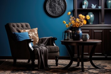 A comfortable and inviting living room space featuring a black armchair, a circular coffee table, a decorative pillow with a pattern, a deep blue carpet, a vase containing dried flowers, and various