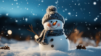 Fototapeta premium Adorable Snowman in a Frosty Landscape with Falling Snowflakes
