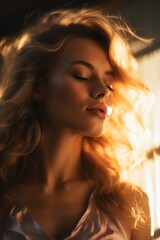 Beautiful woman photo shooting in the evening sun