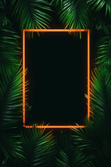 Tropical elegant frame arranged from exotic emerald leaves. Paradise plant, greenery chic card. Neon light template