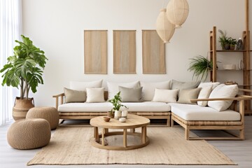 A homey and inviting living room with a bohemian touch, featuring a beige sofa, cushions, mock up frames for posters, rattan coffee tables, plants, a bamboo ladder, decorative items, and personal