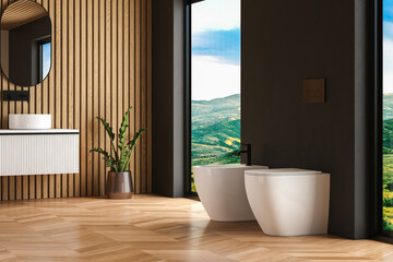 Toilet and bidet standing on parquet floor in beautiful modern bathroom with black and wooden walls - obrazy, fototapety, plakaty