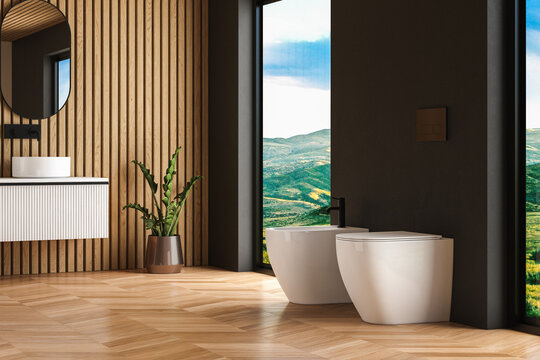 Toilet and bidet standing on parquet floor in beautiful modern bathroom with black and wooden walls.  3d Rendering