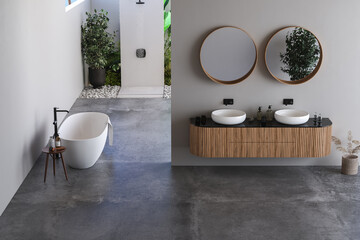 Modern bathroom interior with white walls, marble basin with double mirror, bathtub, a open air shower and grey concrete floor. Minimalist beige bathroom with modern furniture. 3D rendering
