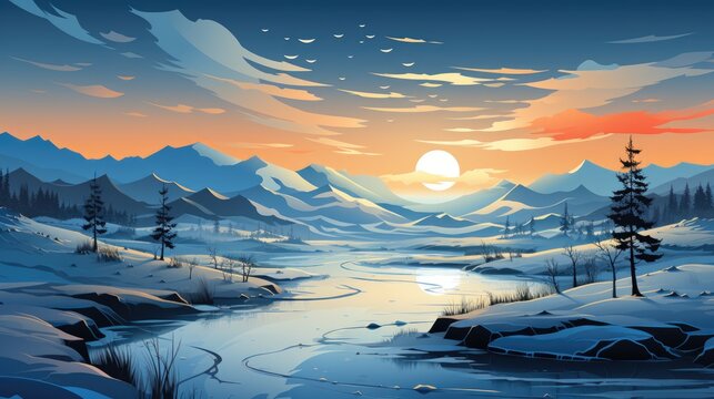 A painting of a mountain landscape with a river. Digital image.