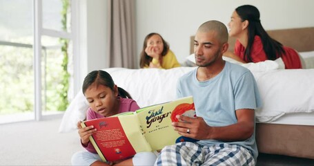 Father reading books to child in bedroom for learning, language development or literacy in morning. Parents, girl and sitting on floor for storytelling, quality time or relax in family home with kids