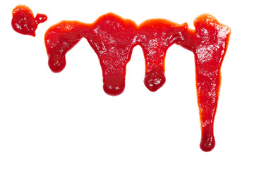 Red ketchup splashes isolated on white background, tomato puree texture