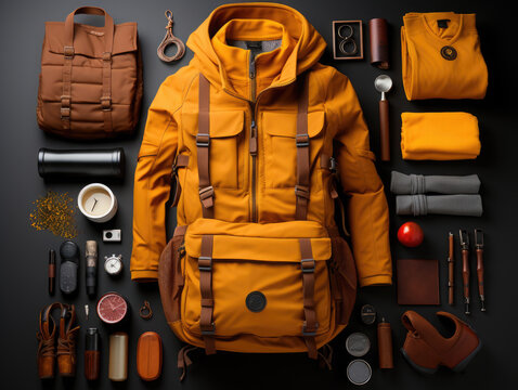 Outdoor and adventure clothing brand, various items, knolling, top view, flat lay overhead.