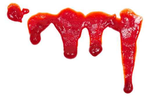 Red ketchup splashes isolated on white background, tomato puree texture