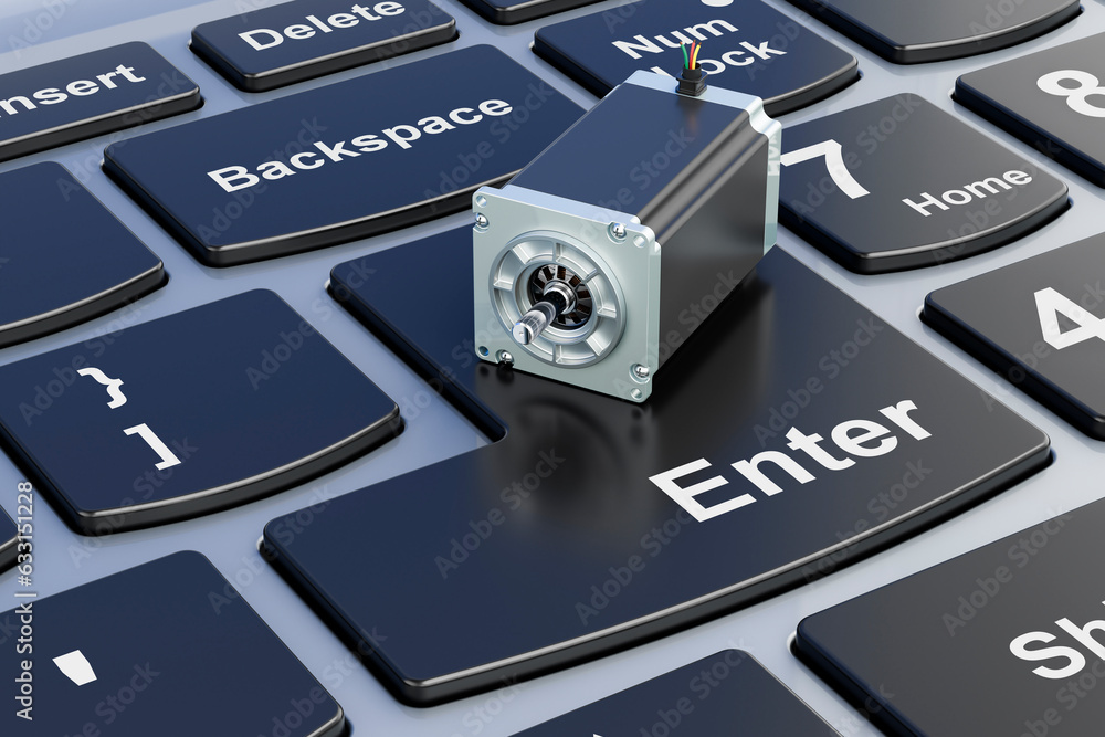 Poster stepper motor on laptop keyboard. 3d rendering
