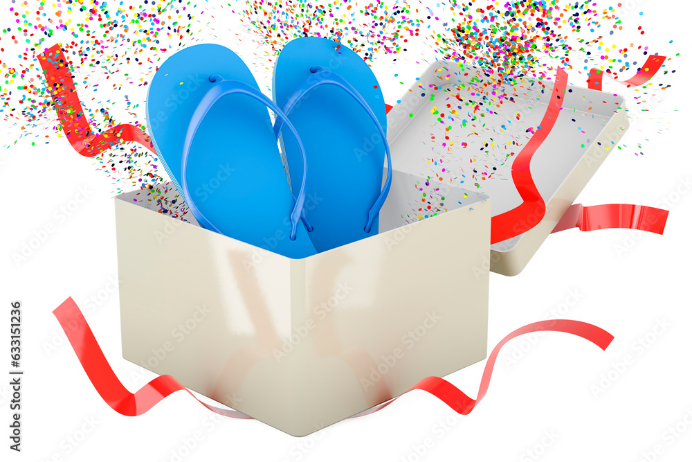 Poster flip-flops inside gift box, 3d rendering