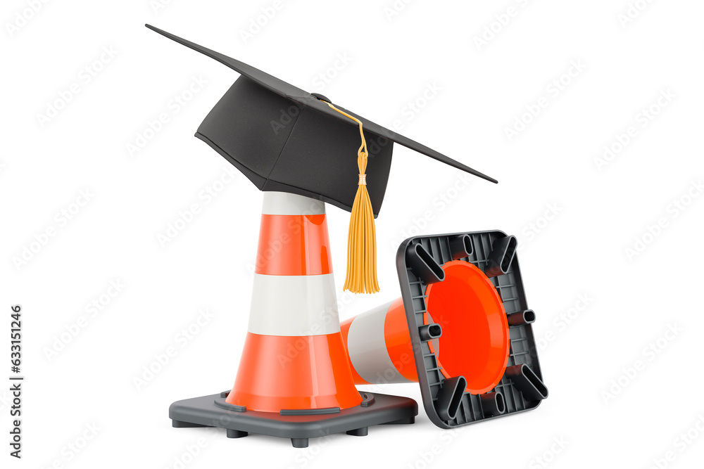 Poster traffic cone with education hat. 3d rendering