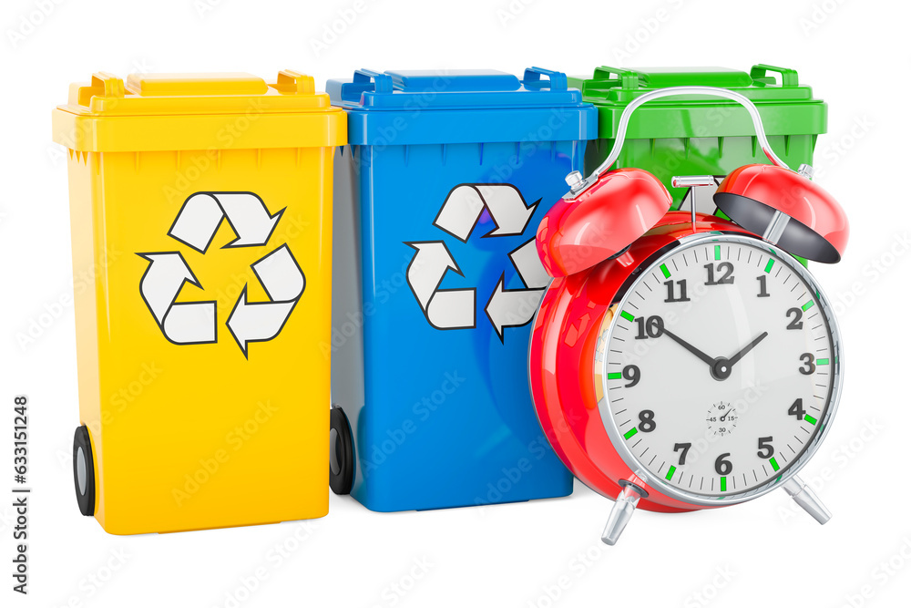 Poster colored recycling trash cans with alarm clock, 3d rendering