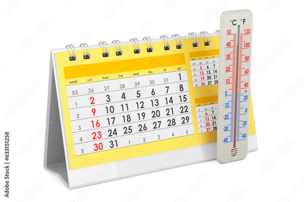 Poster thermometer with desk calendar, 3d rendering