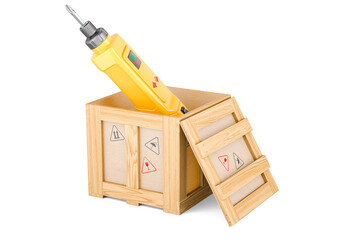 Cordless Screwdriver, Electric Screw Driver inside wooden box, delivery concept. 3D rendering