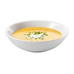A white bowl filled with soup on a white table