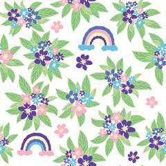 Floral seamless pattern with titian, lavender, blue, purple chamomile flower and leaves on pastel background