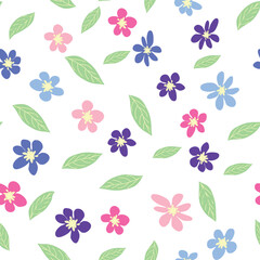 Fototapeta premium Floral seamless pattern with pink, lavender, blue, purple chamomile flower and leaves. Childish, feminine, gentle