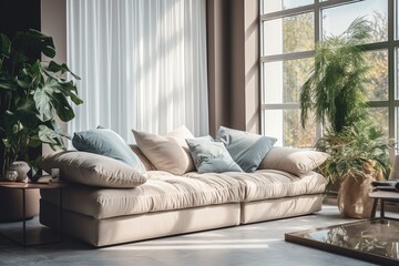A contemporary and cozy couch located next to a window in a fashionable living space. The interior design is stylish and tasteful.