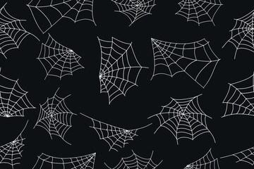 Halloween spider web seamless pattern. Black background and white cobweb. Seamless vector background. 