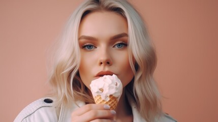Young beautiful woman eating ice cream