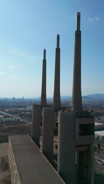 abandoned tres chimeneas three chimneys in Sant Adria De Besos, Barcelona, 4k