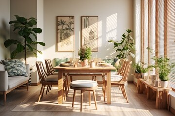 A dining room in a modern home decor style is decorated with a stylish and botanical interior. It features a beautifully crafted wooden table and chairs, adorned with an abundance of vibrant plants