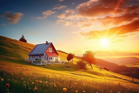 A small solar energy farm is located in the countryside, adjacent to a charming household. This represents the concept of renewable energy. The image depicts a beautiful lens flare from the sun during