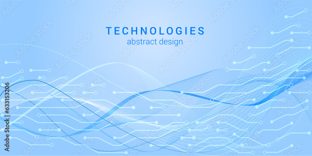 Poster digital tech background with abstract waves and circuit board elements. ideal for tech companies, da