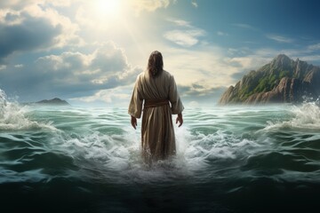 Jesus christ, god walks on water miracle - obrazy, fototapety, plakaty