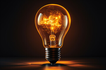 leuchtende Gl&uuml;hbirne in orangener Farbe mit dunklem Hintergrund. Generative Ai.