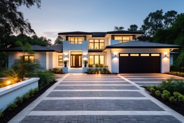 Contemporary house situated in the suburban area of Orlando, Florida, featuring a beautifully manicured front yard and driveway leading to the garage.