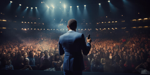 Speaker performing on stage with spotlight talking to many people in audience, event professional.