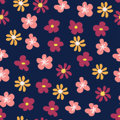 Floral vintage seamless pattern. Hippie flower power retro textile print. Groovy botanical wallpaper