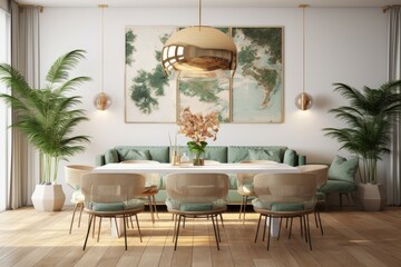 A trendy and diverse dining room interior featuring a mock up poster map, chairs with a shared table design, a luxurious gold pendant lamp, and a sophisticated sofa in a separate area. The walls are