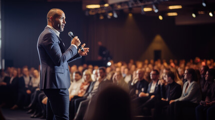 Speaker performing on stage with spotlight talking to many people in audience, event professional.