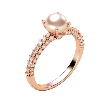 transparent background with reflection showing pearl adorned solitary rose gold diamond engagement and wedding ring