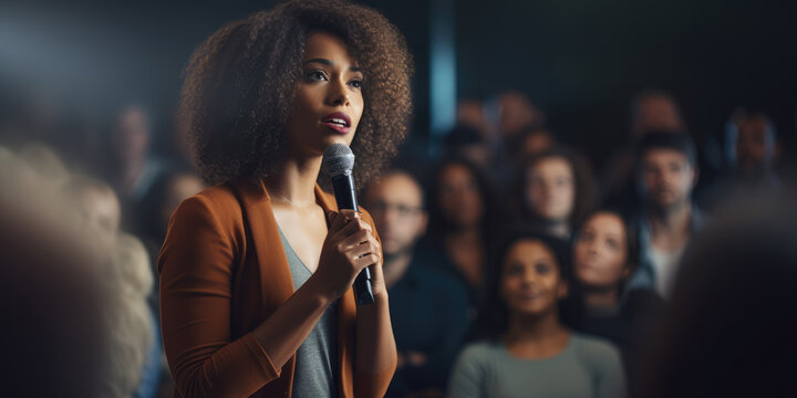Speaker Woman Performing on Stage and Speaking to Large Audience, Event Professional.