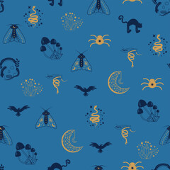 Magic and heaven seamless pattern, with magical elements such as snake, eye. Symbols and elements of the witchcraft theme.