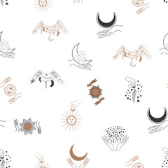 Magic and heaven seamless pattern, with magical elements such as snake, eye. Symbols and elements of the witchcraft theme.