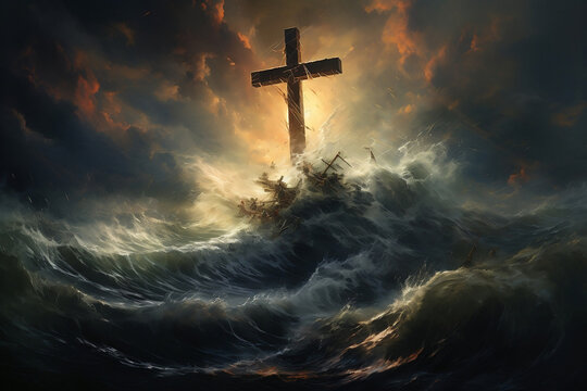 Resolute Cross Amidst Raging Waves
