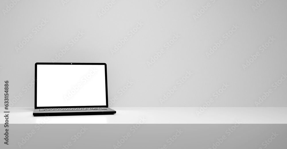 Aufkleber Laptop with empty blank white screen mock up for advertisment and design, empty gray table stage podium with laptop concept, gray and white background