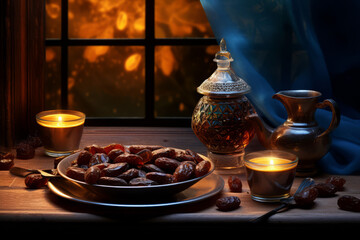 Obraz na płótnie Canvas Arabic coffee and dates, Dallah with crescent moon, Ramadan background
