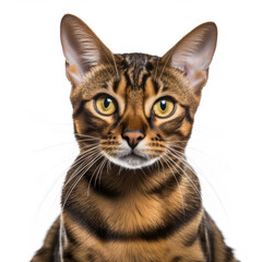 Fototapeta premium Visibly Sad Toyger Cat with Ears Down on White Background