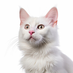 Obraz premium Confused Turkish Angora Cat with Tilted Head on White Background